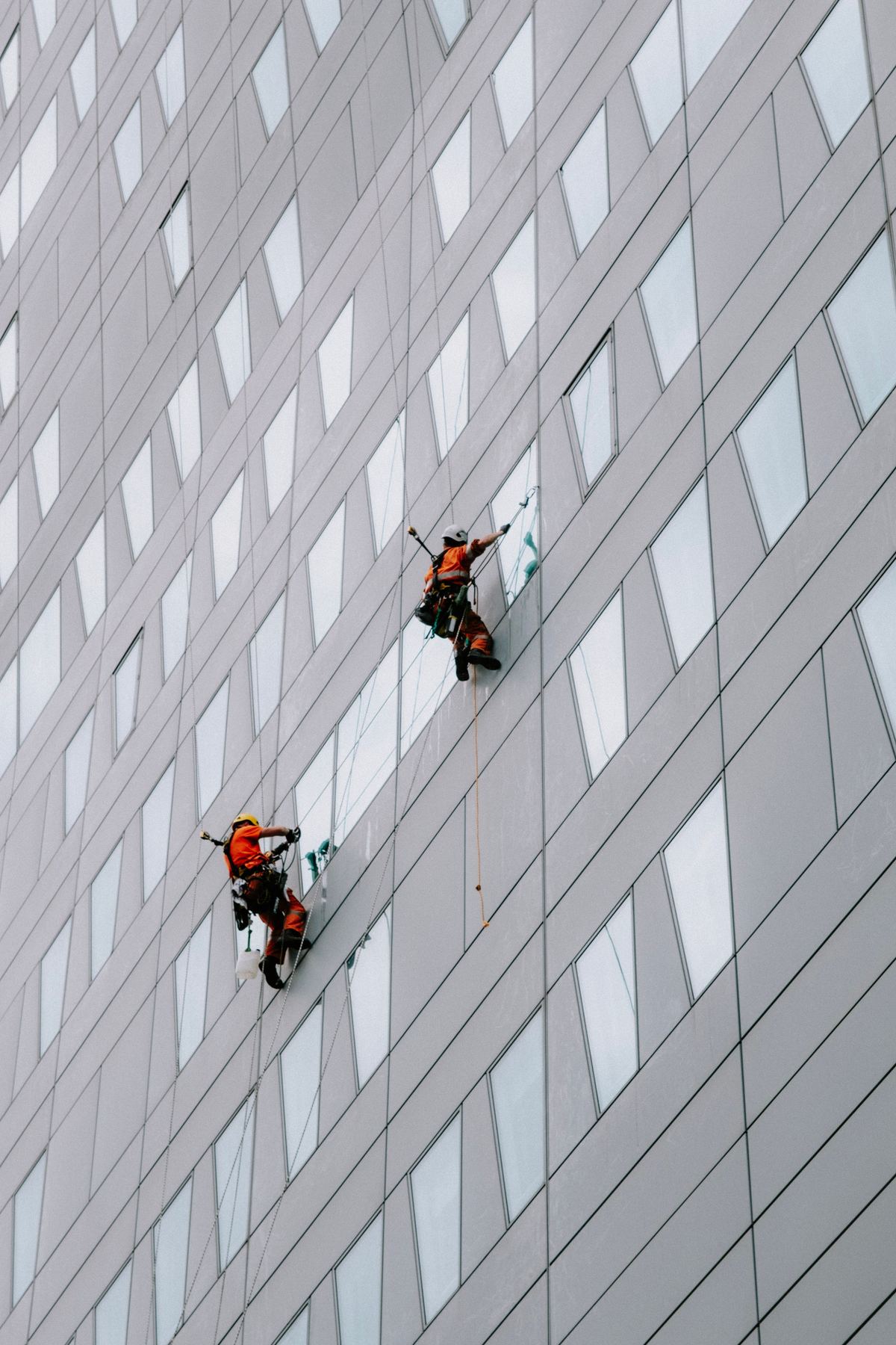 Two rope-access technicians cleaning a high-rise facade