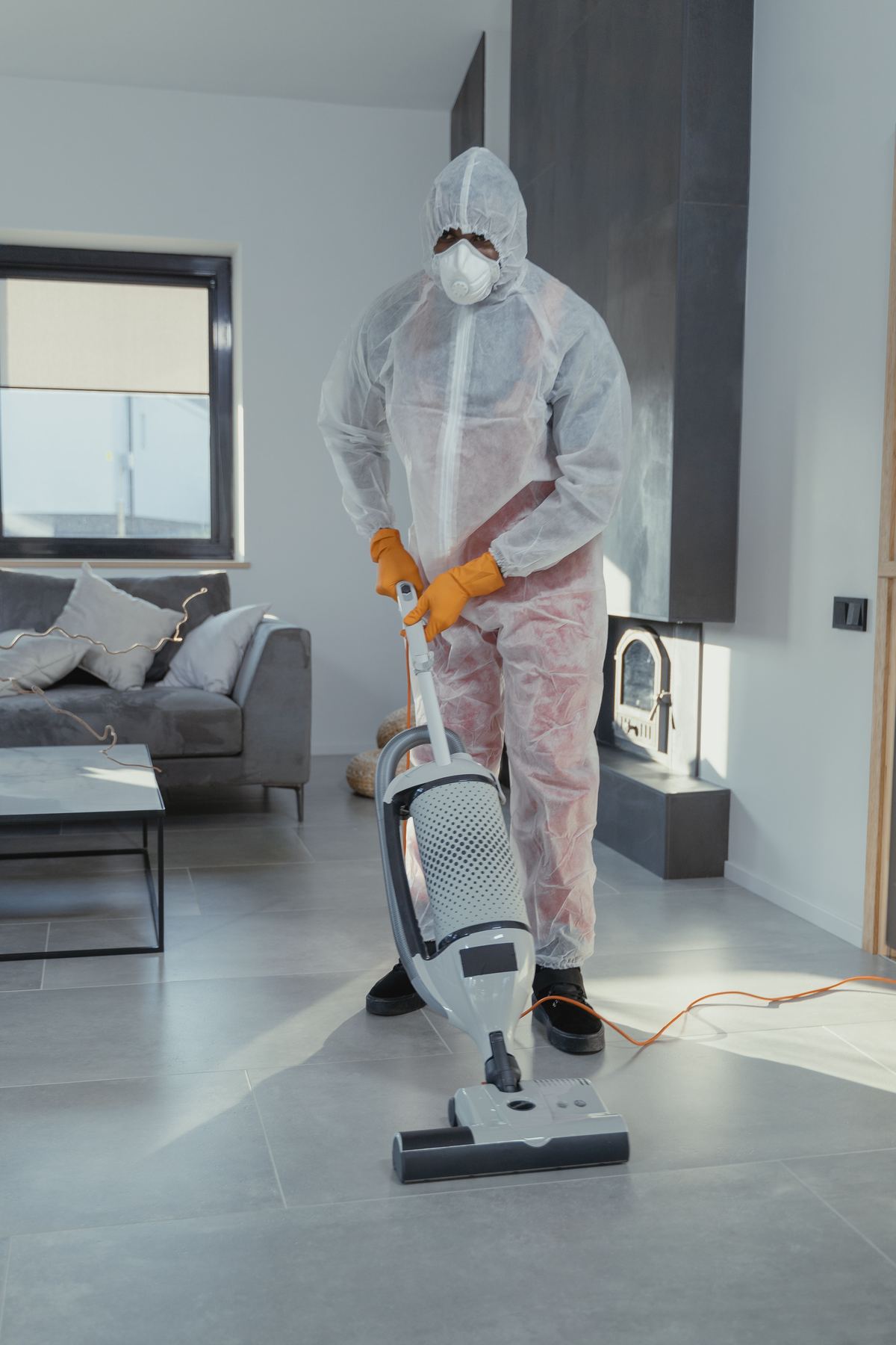Operative in full protective suit and respirator vacuuming a room